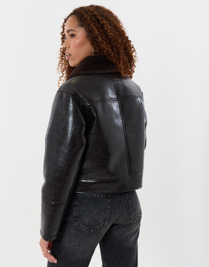 Faux Suede Biker Jacket in Chocolate Brown