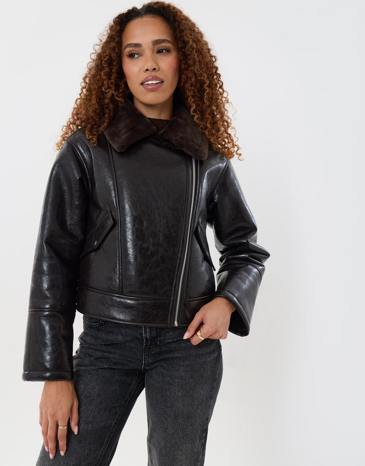 Faux Suede Biker Jacket in Chocolate Brown