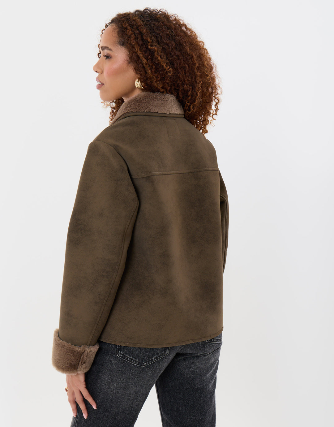 Faux Suede Shacket with Collar in Mink Brown
