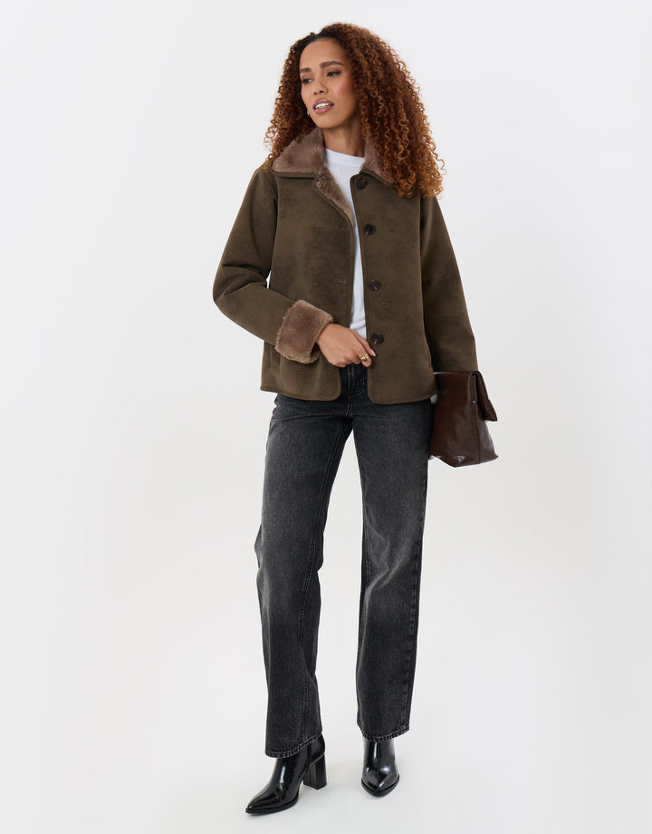 Faux Suede Shacket with Collar in Mink Brown