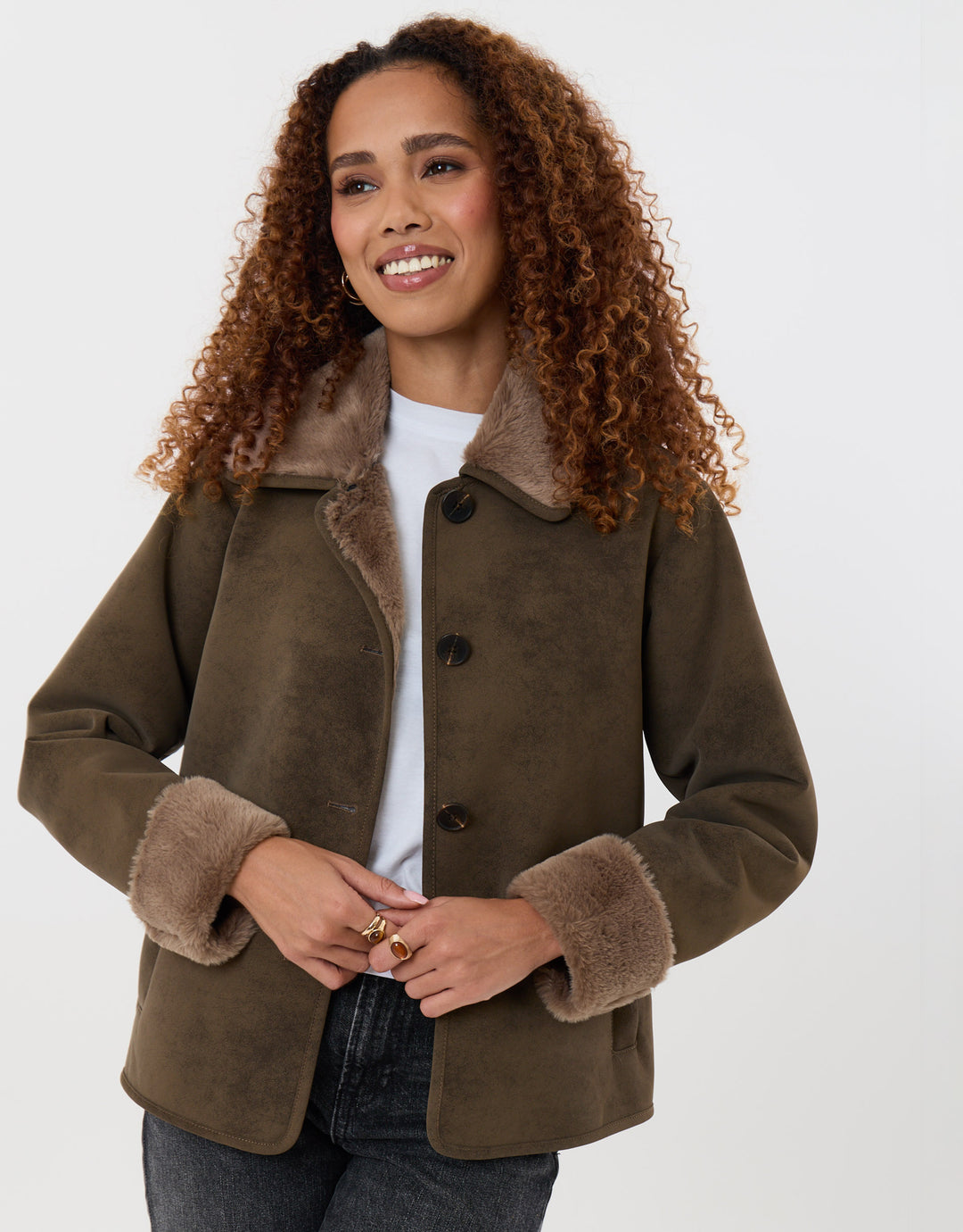 Faux Suede Shacket with Collar in Mink Brown