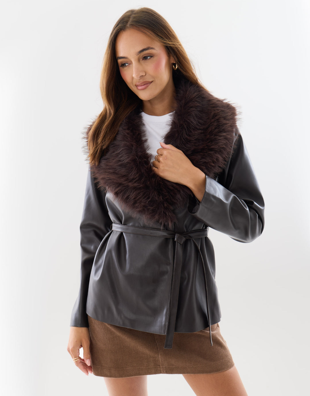 Belted Faux Fur Collar Jacket in Chocolate Brown