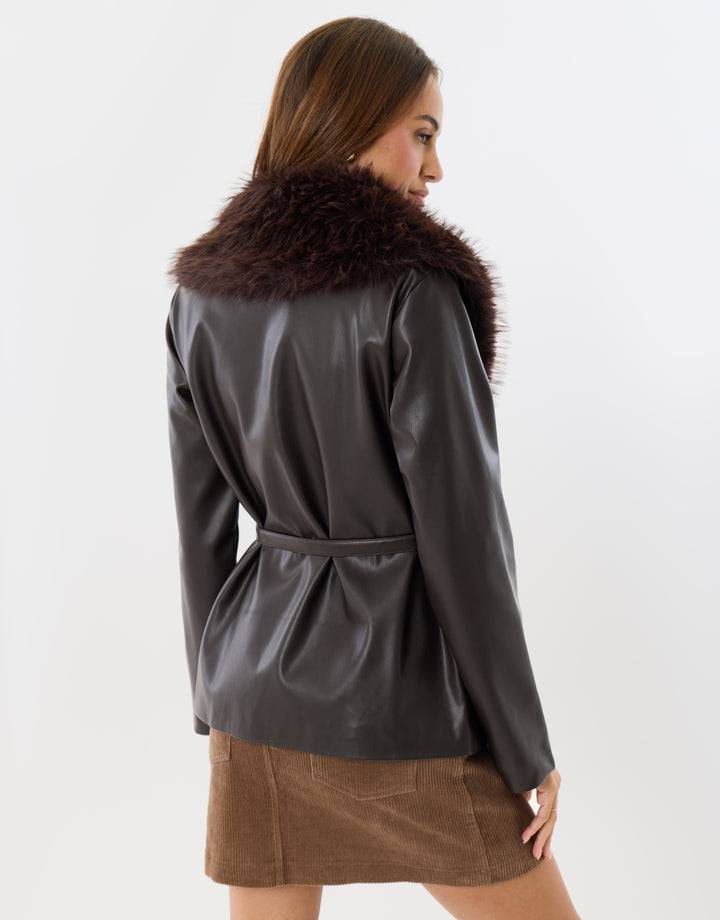 Belted Faux Fur Collar Jacket in Chocolate Brown