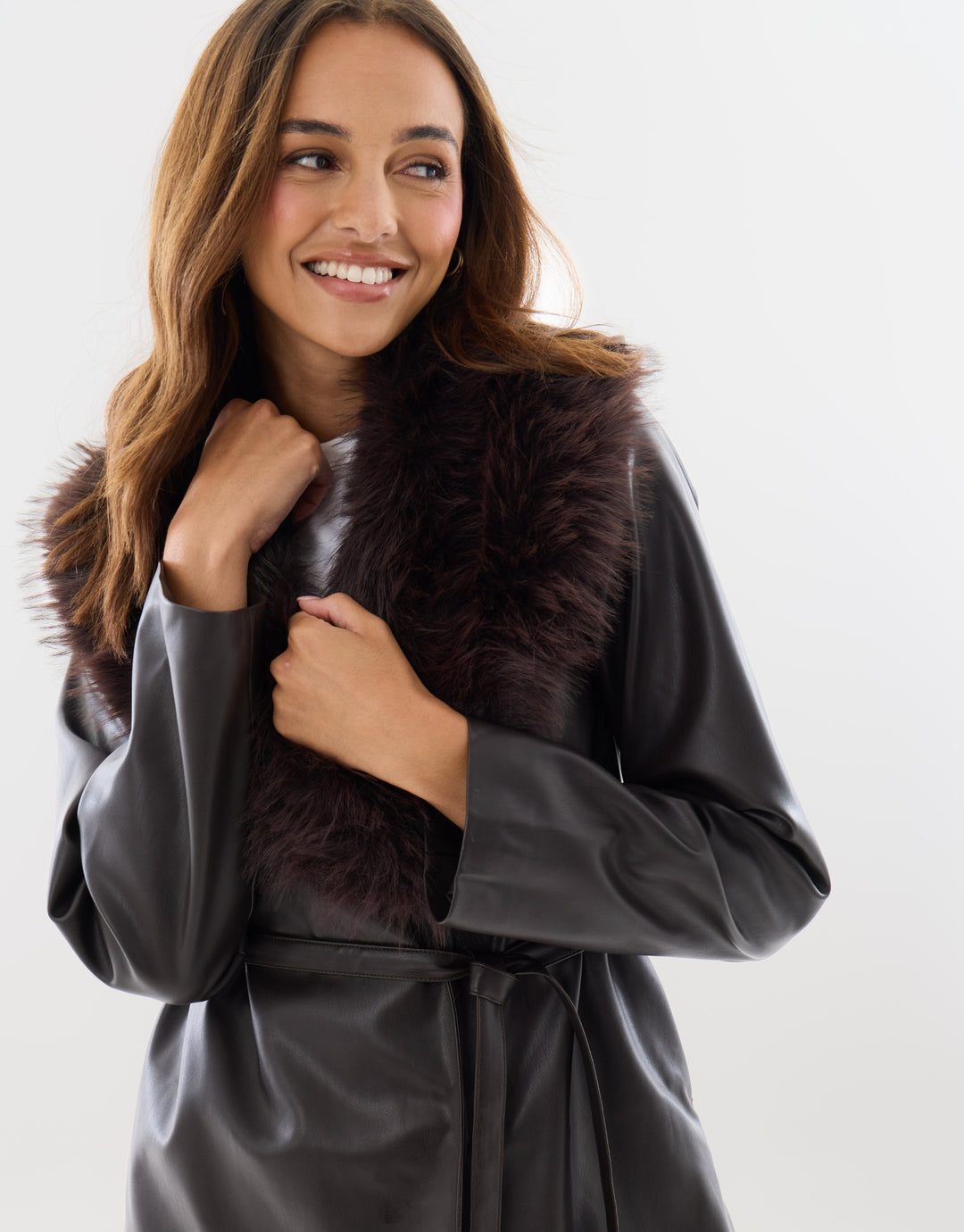 Belted Faux Fur Collar Jacket in Chocolate Brown