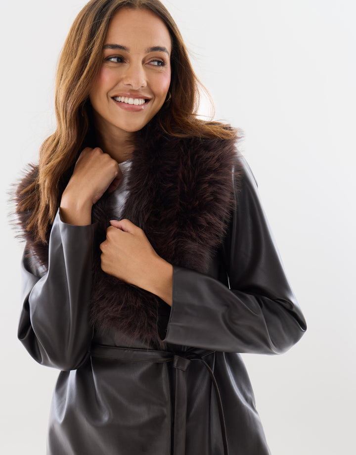Belted Faux Fur Collar Jacket in Chocolate Brown