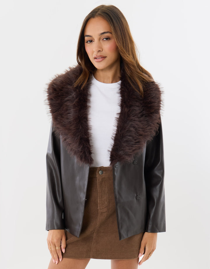Belted Faux Fur Collar Jacket in Chocolate Brown