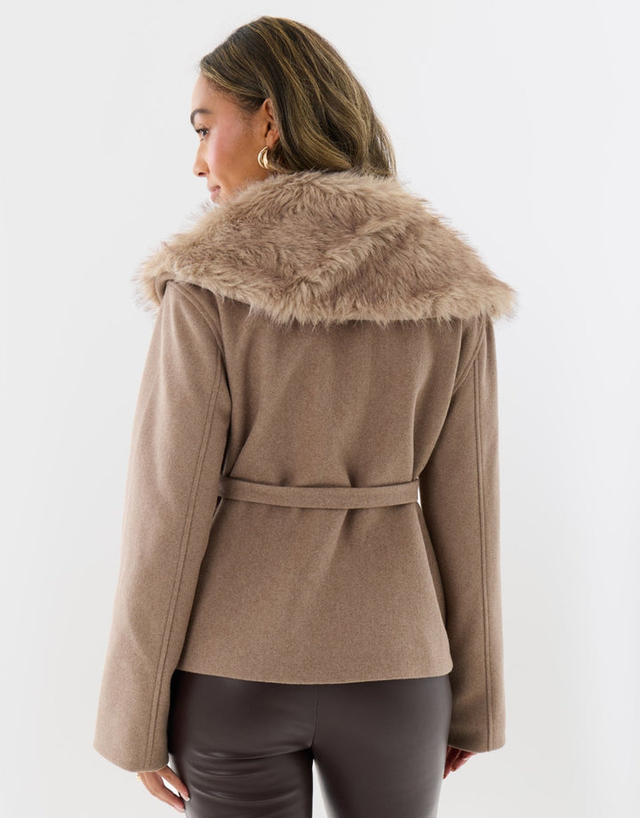Faux Wool Belted Coat with Faux Fur Collar in Mink Brown