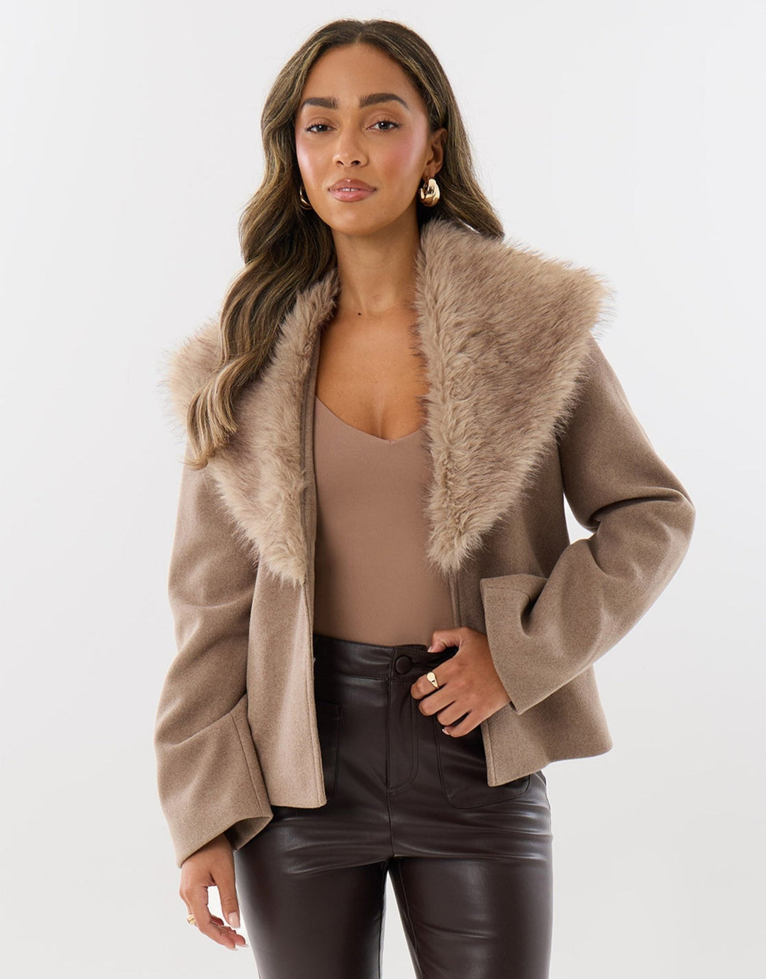 Faux Wool Belted Coat with Faux Fur Collar in Mink Brown