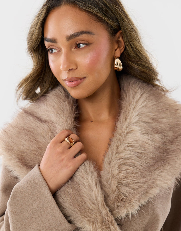 Faux Wool Belted Coat with Faux Fur Collar in Mink Brown