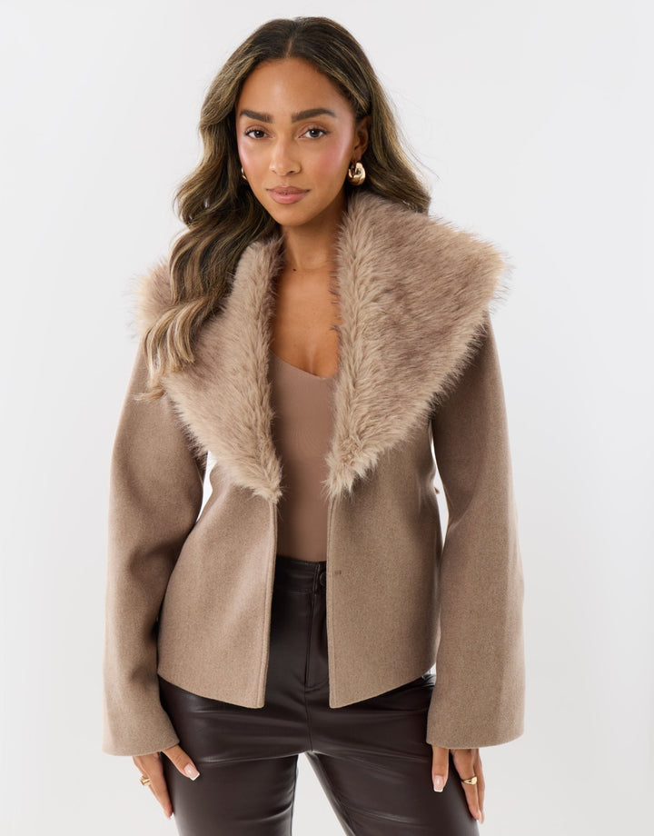 Faux Wool Belted Coat with Faux Fur Collar in Mink Brown
