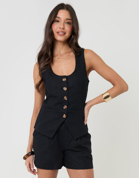 Threadbare Linen Blend Scoop Neck Waistcoat in Black - front view