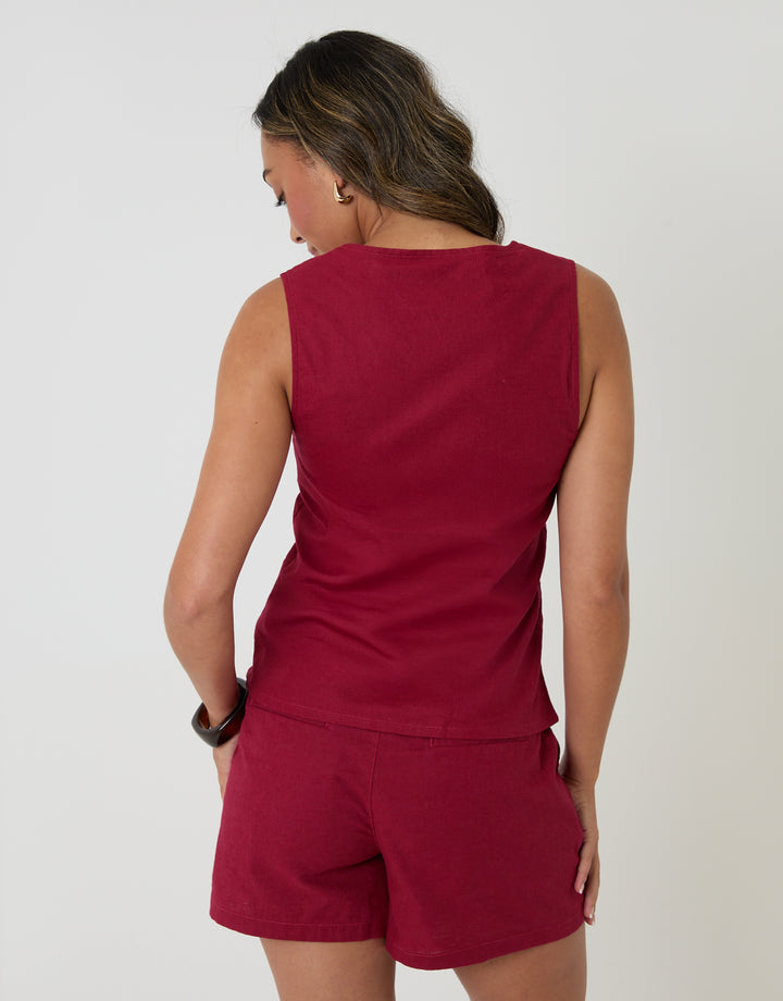 Threadbare Linen Blend Scoop Neck Waistcoat in Red - back view