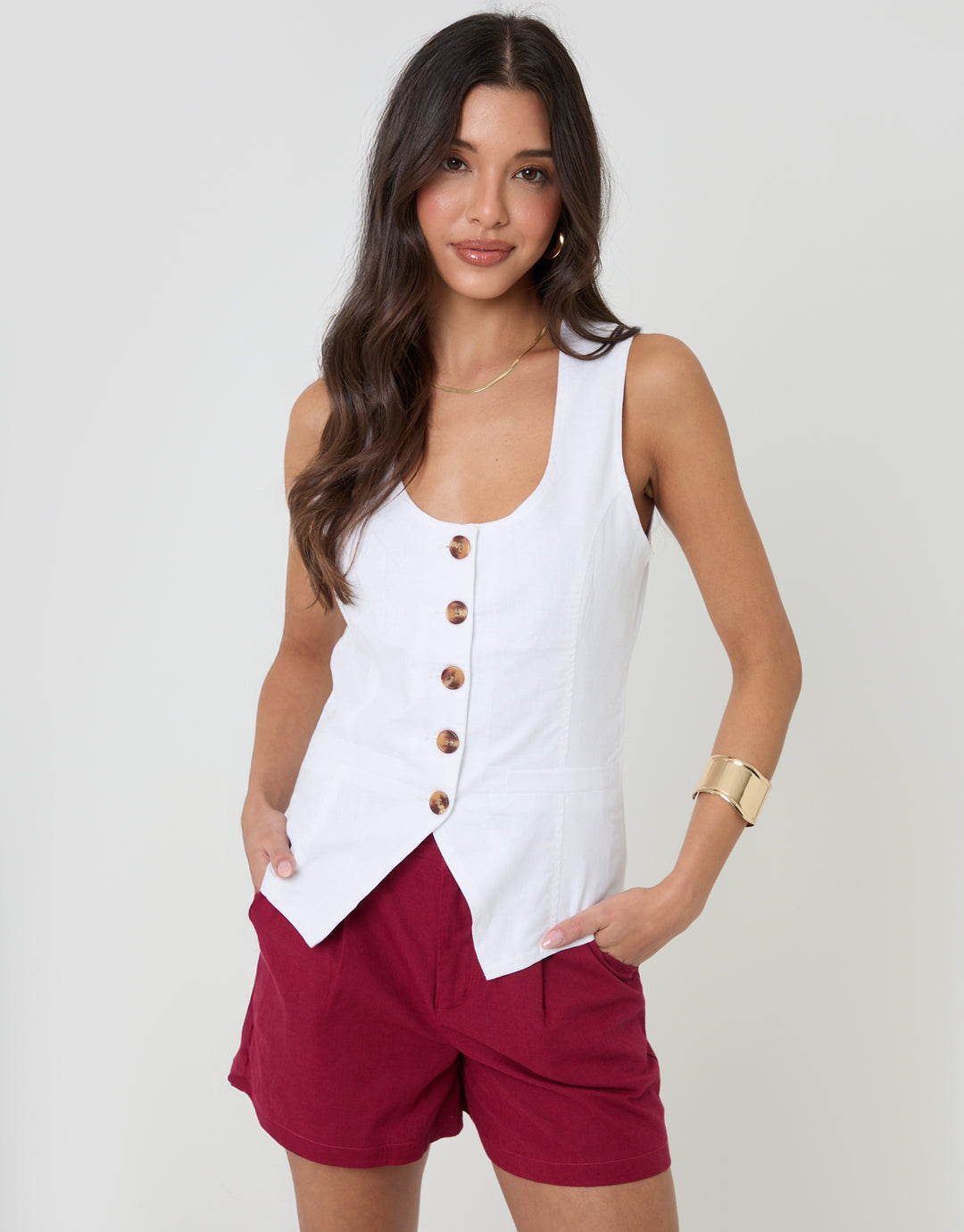 Threadbare Linen Blend Scoop Neck Waistcoat in White - front view