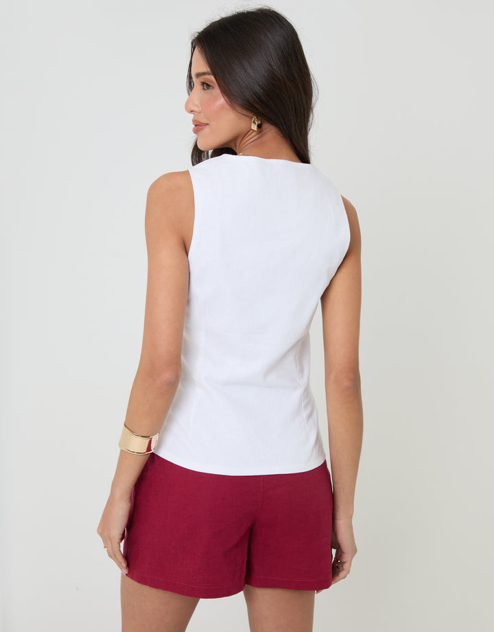 Threadbare Linen Blend Scoop Neck Waistcoat in White - back view