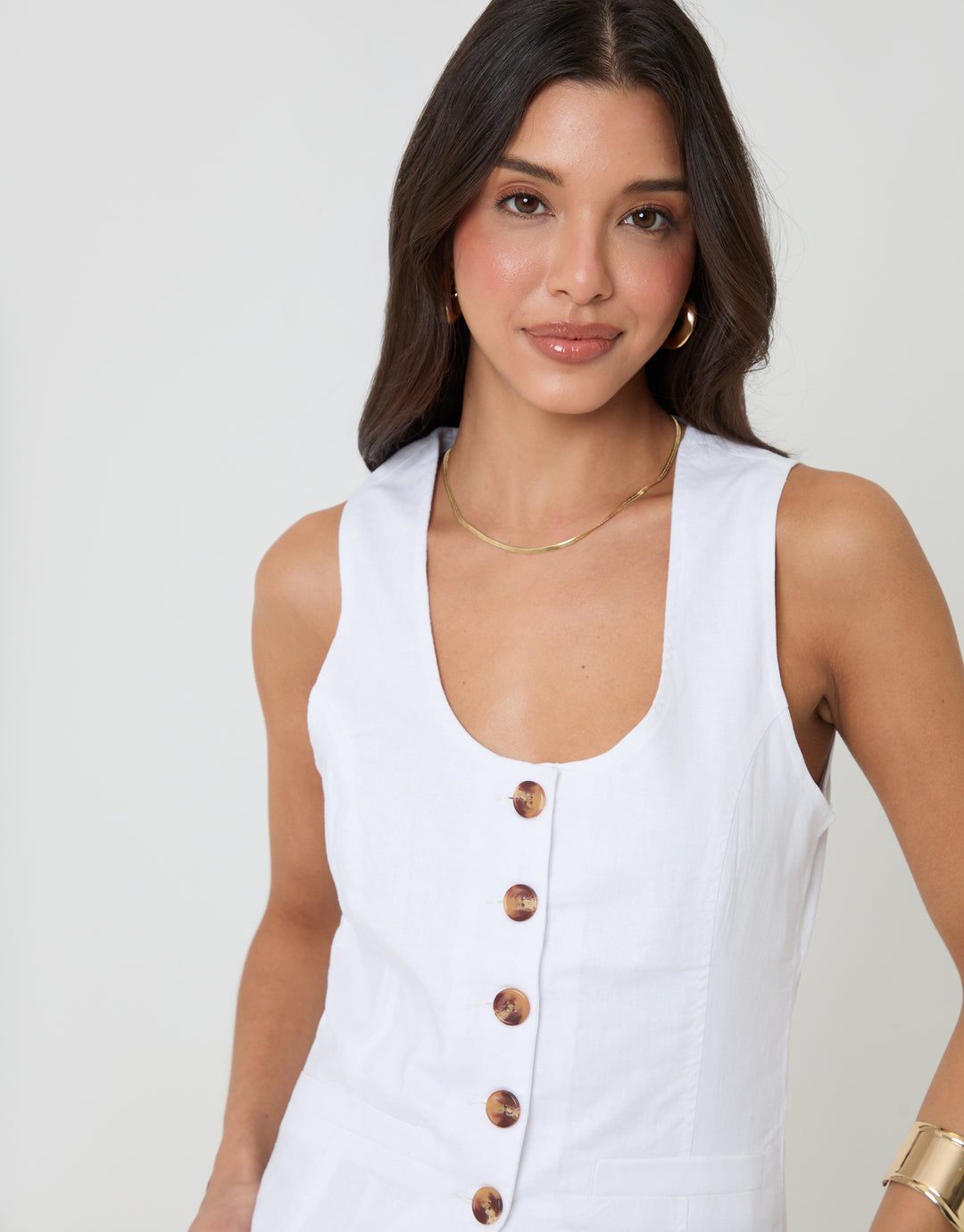 Threadbare Linen Blend Scoop Neck Waistcoat in White - front view close up