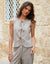 Tie Front Linen Blend Waistcoat in Brown Stripe