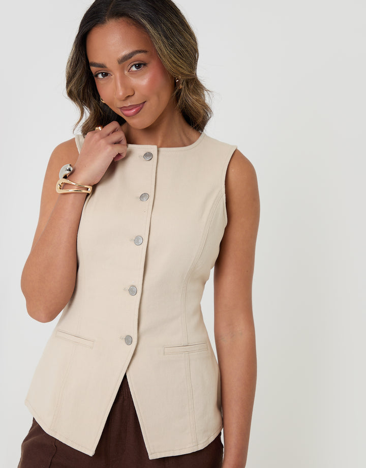 Threadbare Crew Neck Longline Denim Waistcoat in Ecru - front view