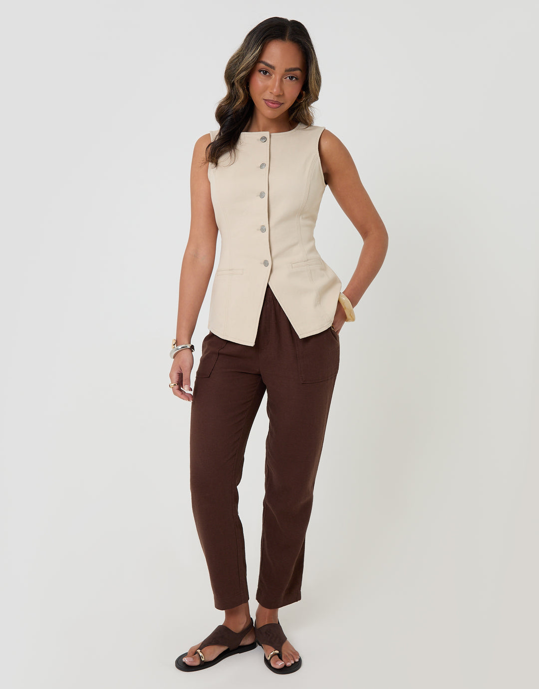 Threadbare Crew Neck Longline Denim Waistcoat in Ecru - full body
