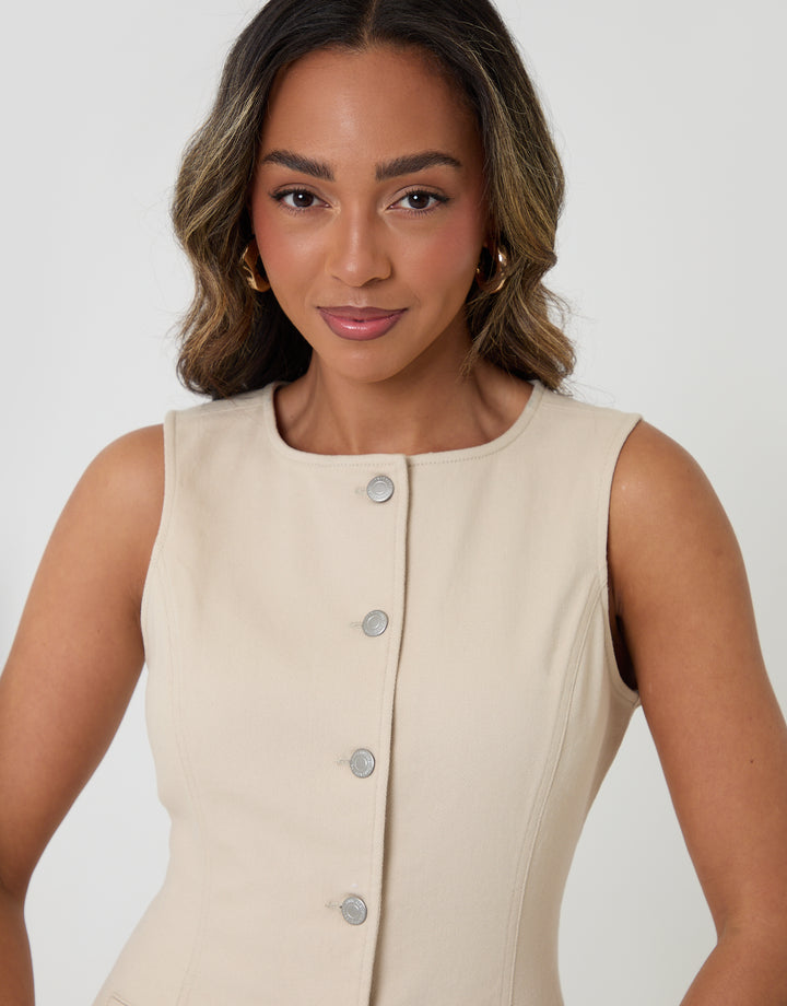 Threadbare Crew Neck Longline Denim Waistcoat in Ecru - front view close up