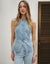 Crew Neck Longline Denim Waistcoat in Light Wash