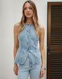 Threadbare Crew Neck Longline Denim Waistcoat in Light Wash - front view