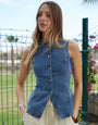 Crew Neck Longline Denim Waistcoat in Mid Wash