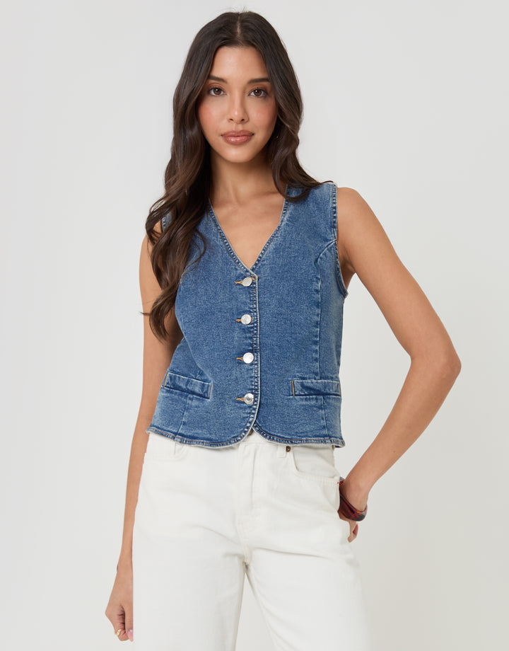 Threadbare Fitted Denim Waistcoat in Mid Wash - front view