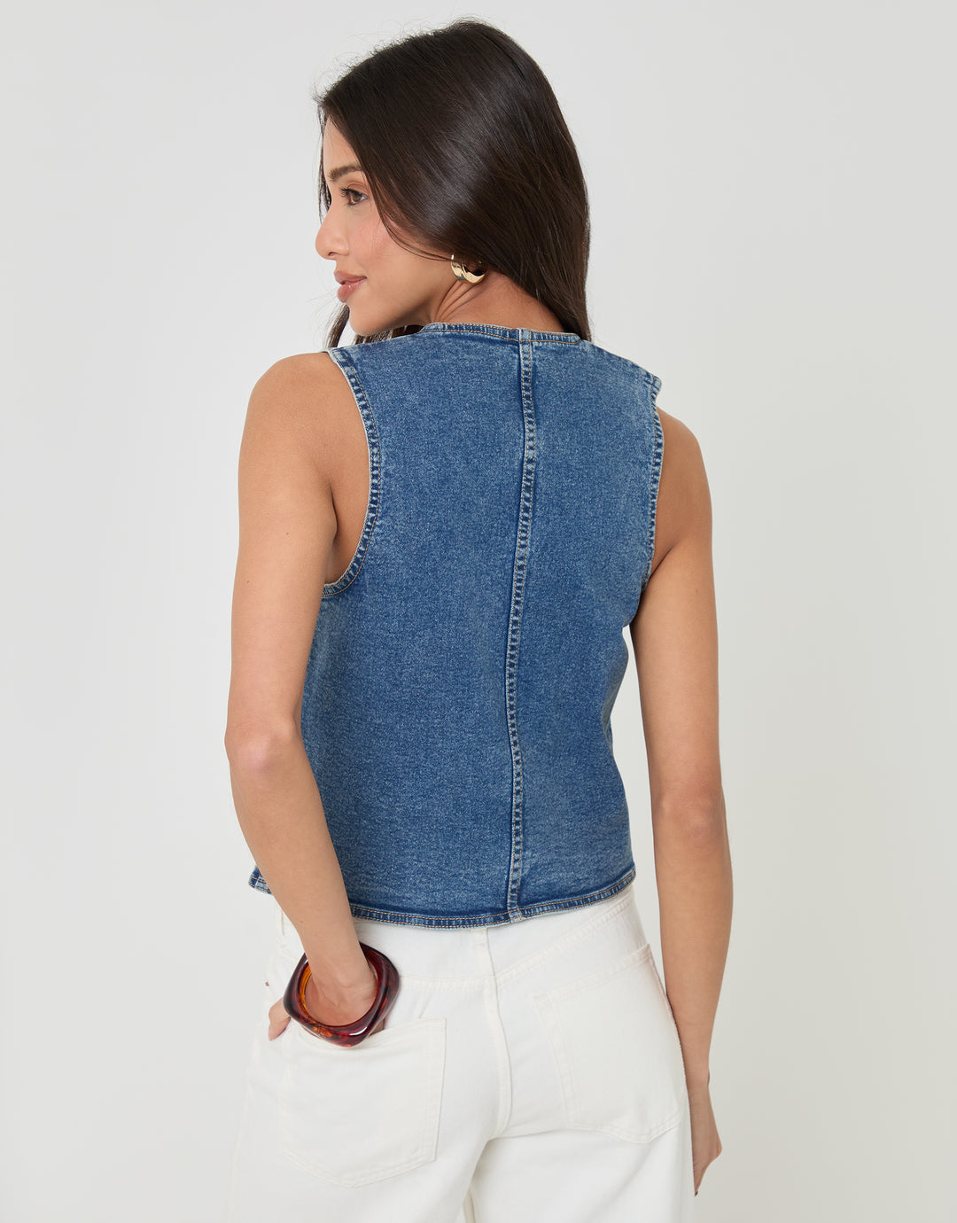 Threadbare Fitted Denim Waistcoat in Mid Wash - back view