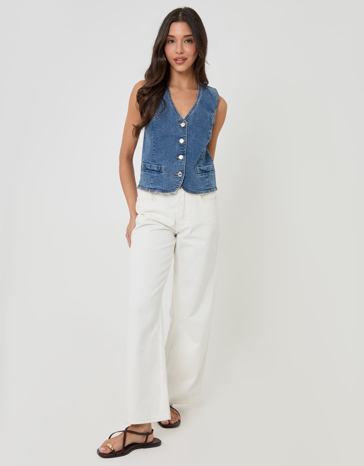 Threadbare Fitted Denim Waistcoat in Mid Wash - full body