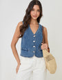 Threadbare Fitted Denim Waistcoat in Mid Wash - front view, with handbag