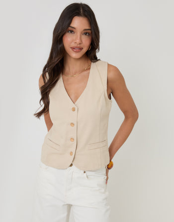 Threadbare Fitted Denim Waistcoat in Ecru - front view