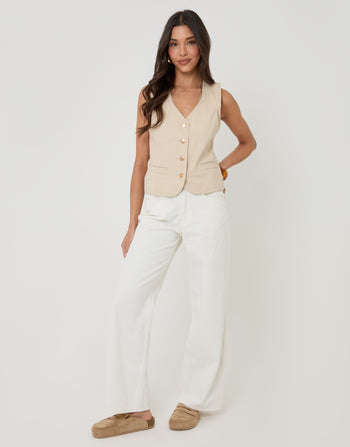 Threadbare Fitted Denim Waistcoat in Ecru - full body