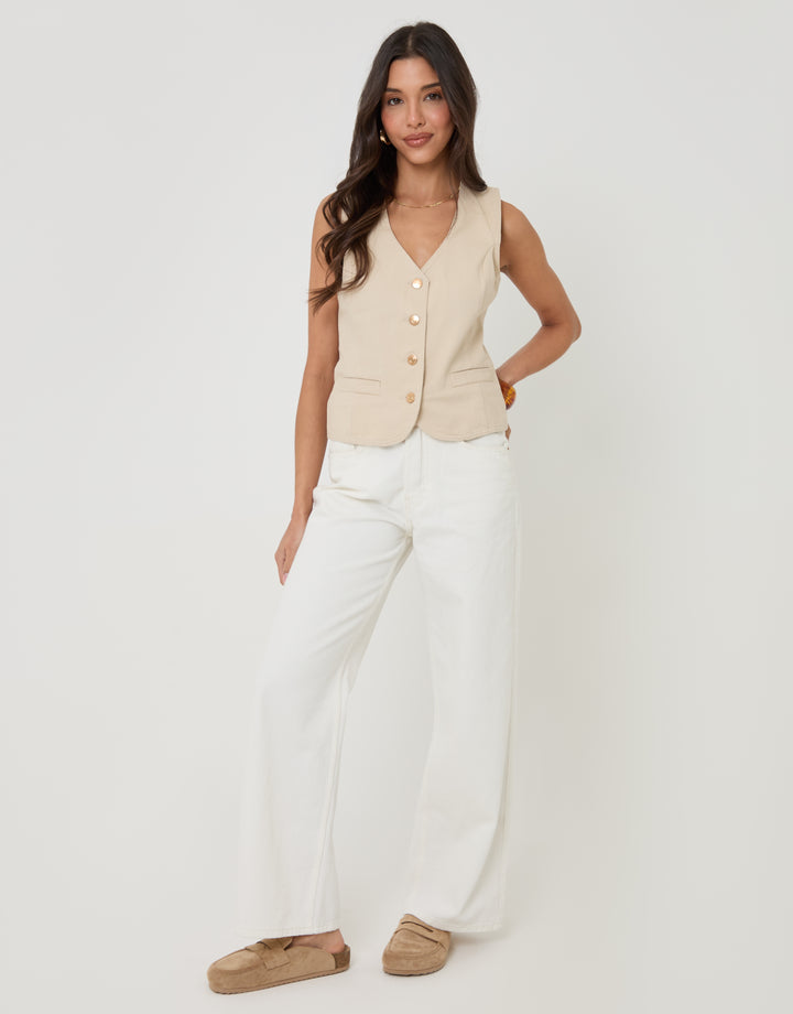 Threadbare Fitted Denim Waistcoat in Ecru - full body