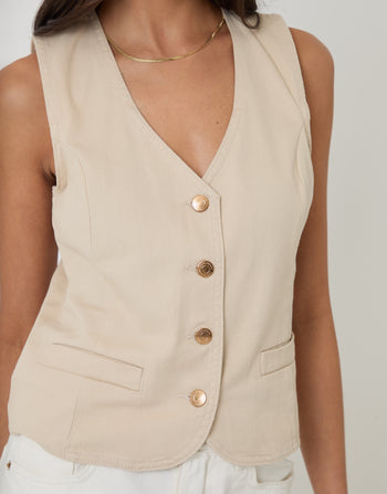 Threadbare Fitted Denim Waistcoat in Ecru - front view close up