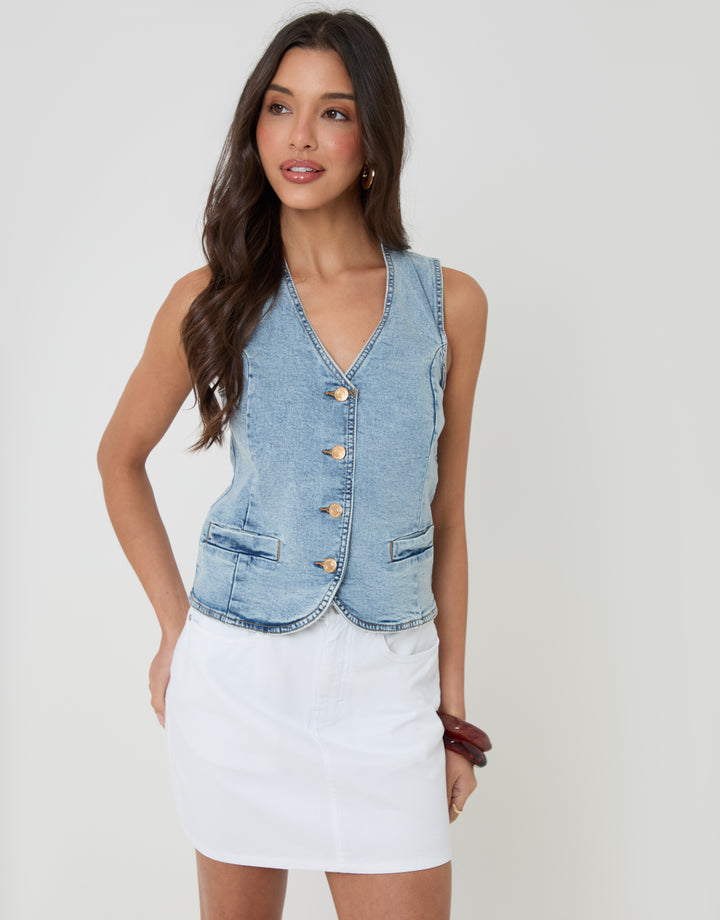 Threadbare Fitted Denim Waistcoat in Light Wash - front view