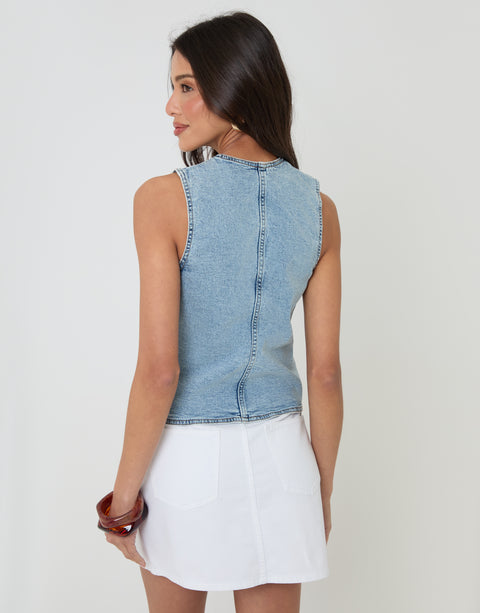 Threadbare Fitted Denim Waistcoat in Light Wash - back view
