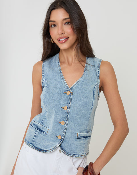 Threadbare Fitted Denim Waistcoat in Light Wash - front view