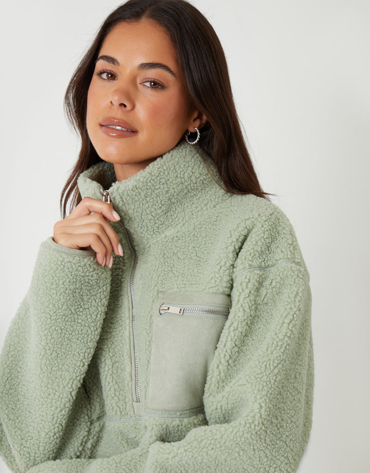 Sage Green Half Zip Borg Fleece