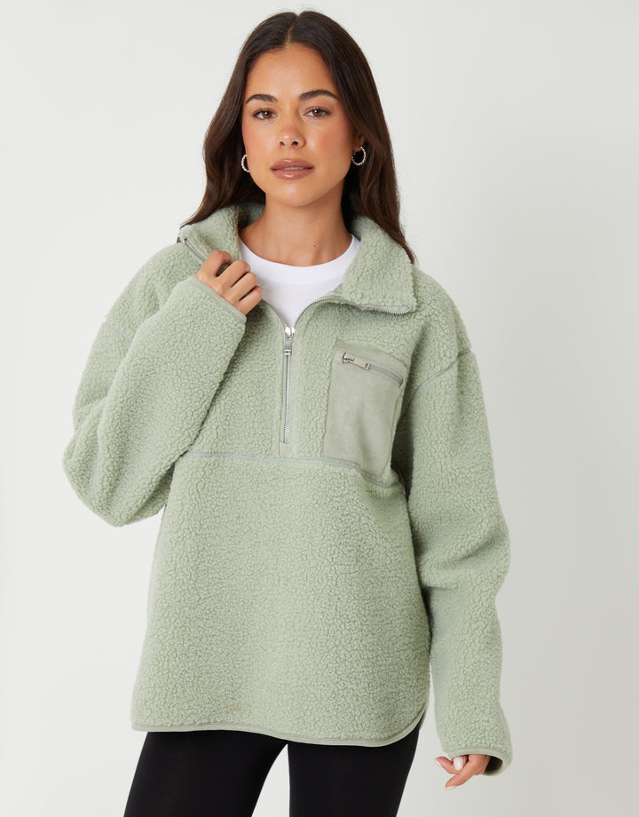 Sage Green Half Zip Borg Fleece