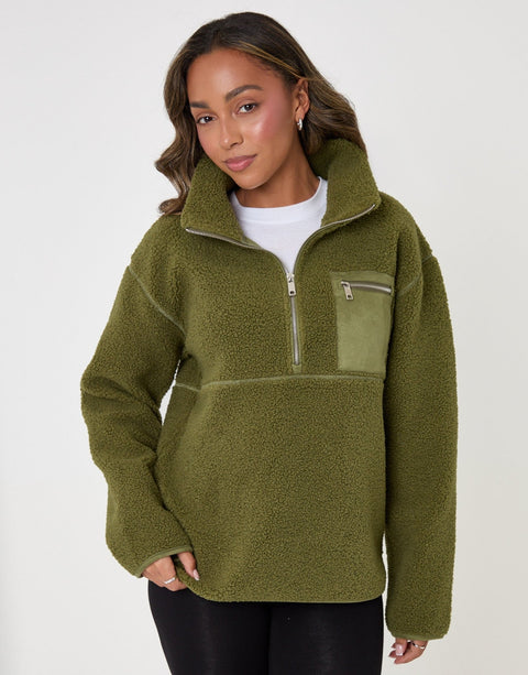 Threadbare Half Zip Borg Fleece in Khaki - front view