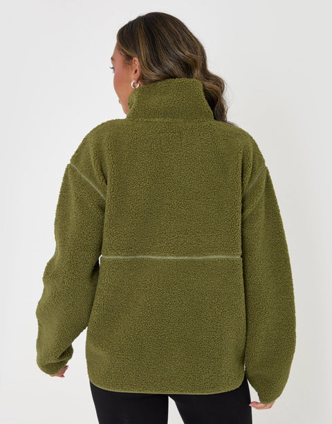 Threadbare Half Zip Borg Fleece in Khaki - back view