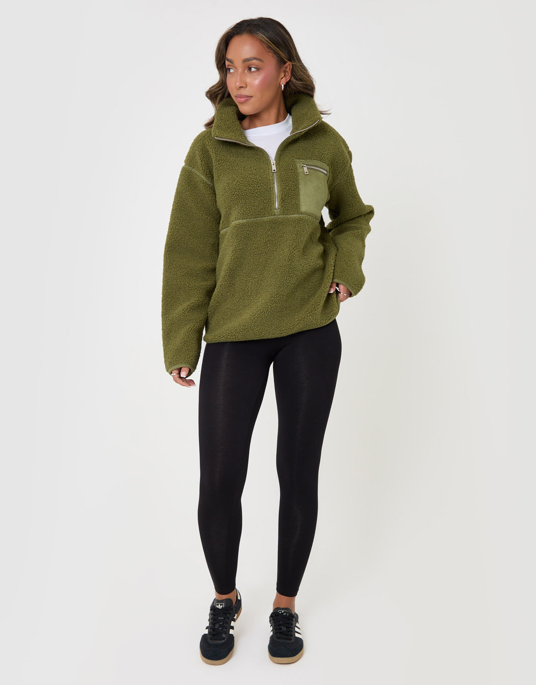 Threadbare Half Zip Borg Fleece in Khaki - full body