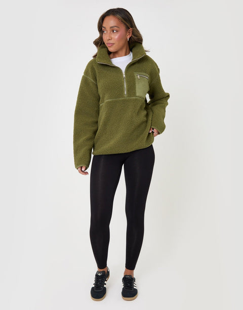 Threadbare Half Zip Borg Fleece in Khaki - full body