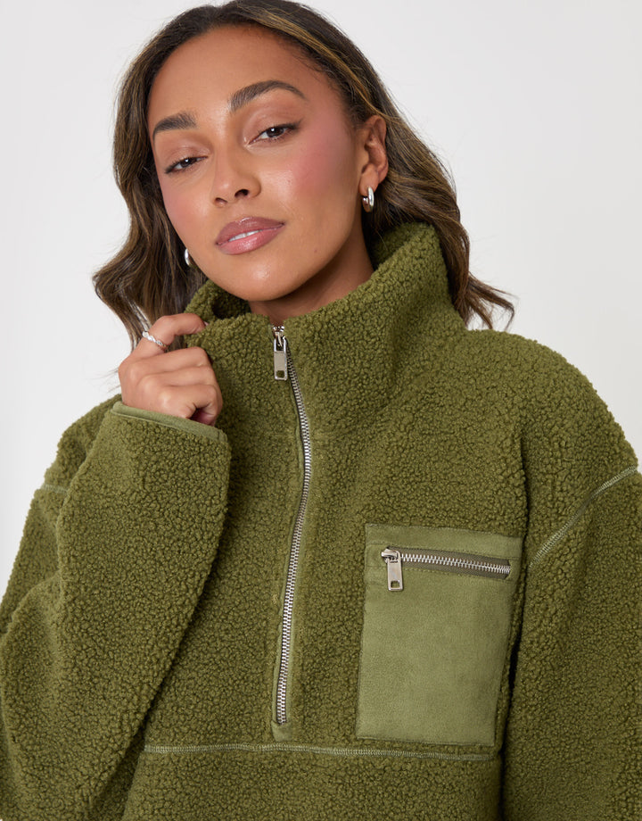 Threadbare Half Zip Borg Fleece in Khaki - close up