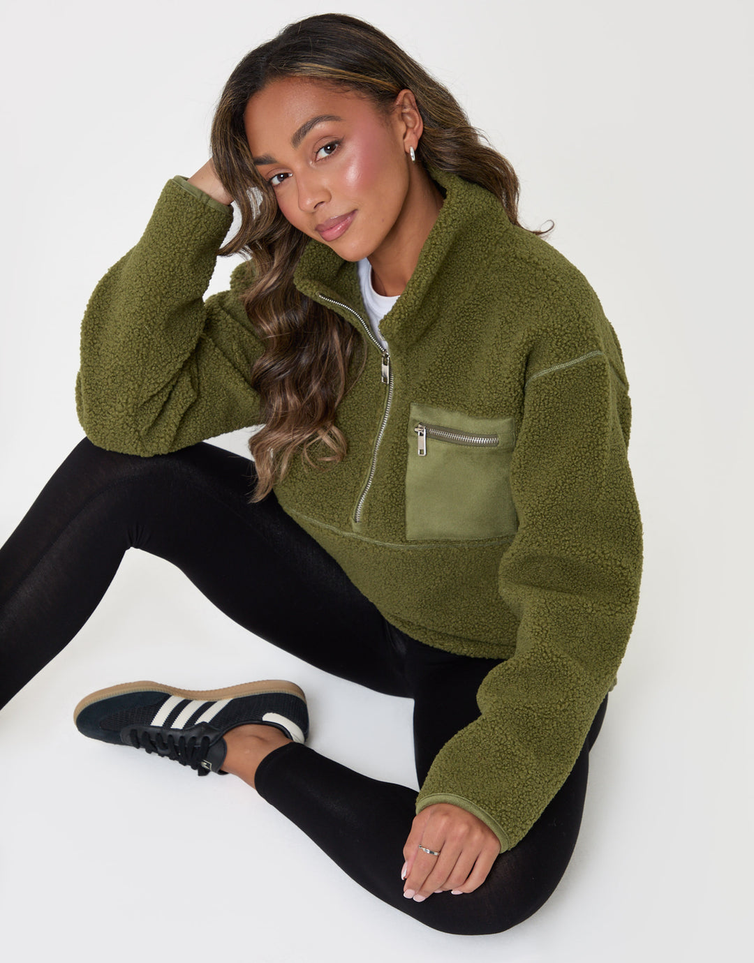Threadbare Half Zip Borg Fleece in Khaki - sat down