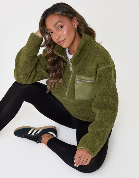 Threadbare Half Zip Borg Fleece in Khaki - sat down