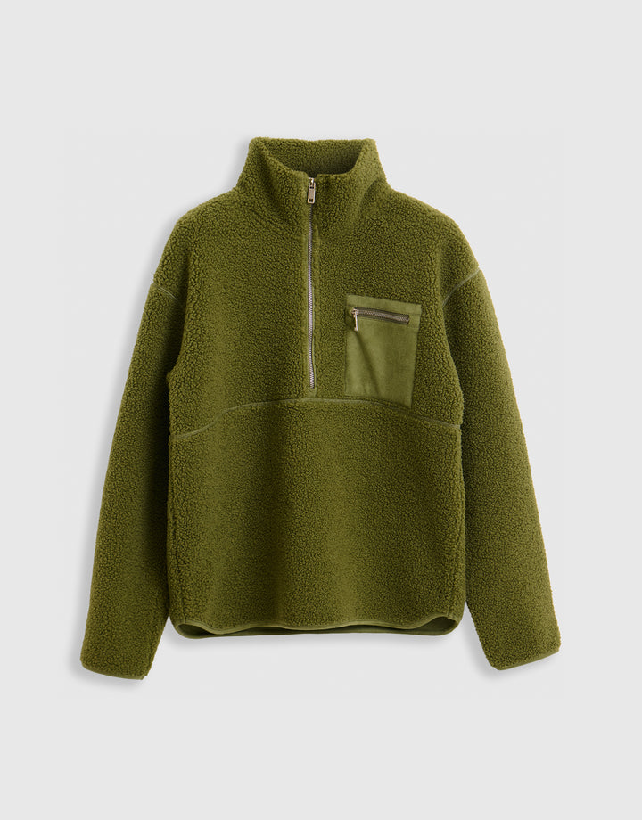 Threadbare The Ultimate Half Zip Borg Fleece in Khaki - mannequin image