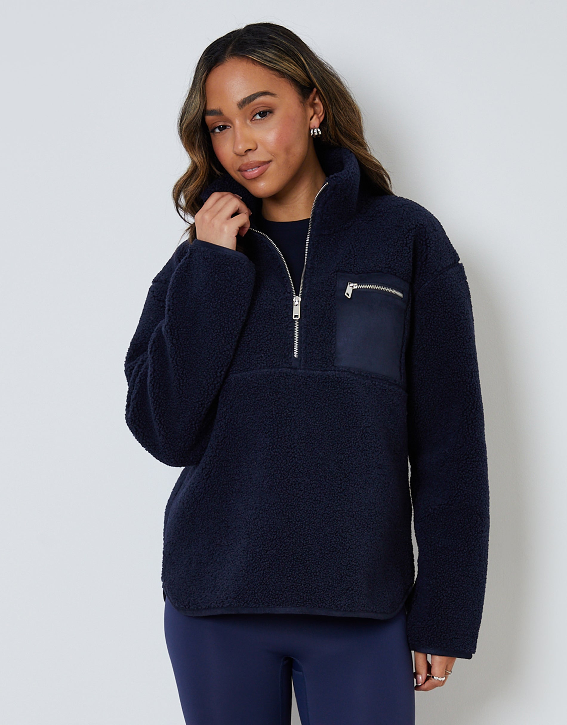 Threadbare Women's Navy Half Zip Borg Fleece