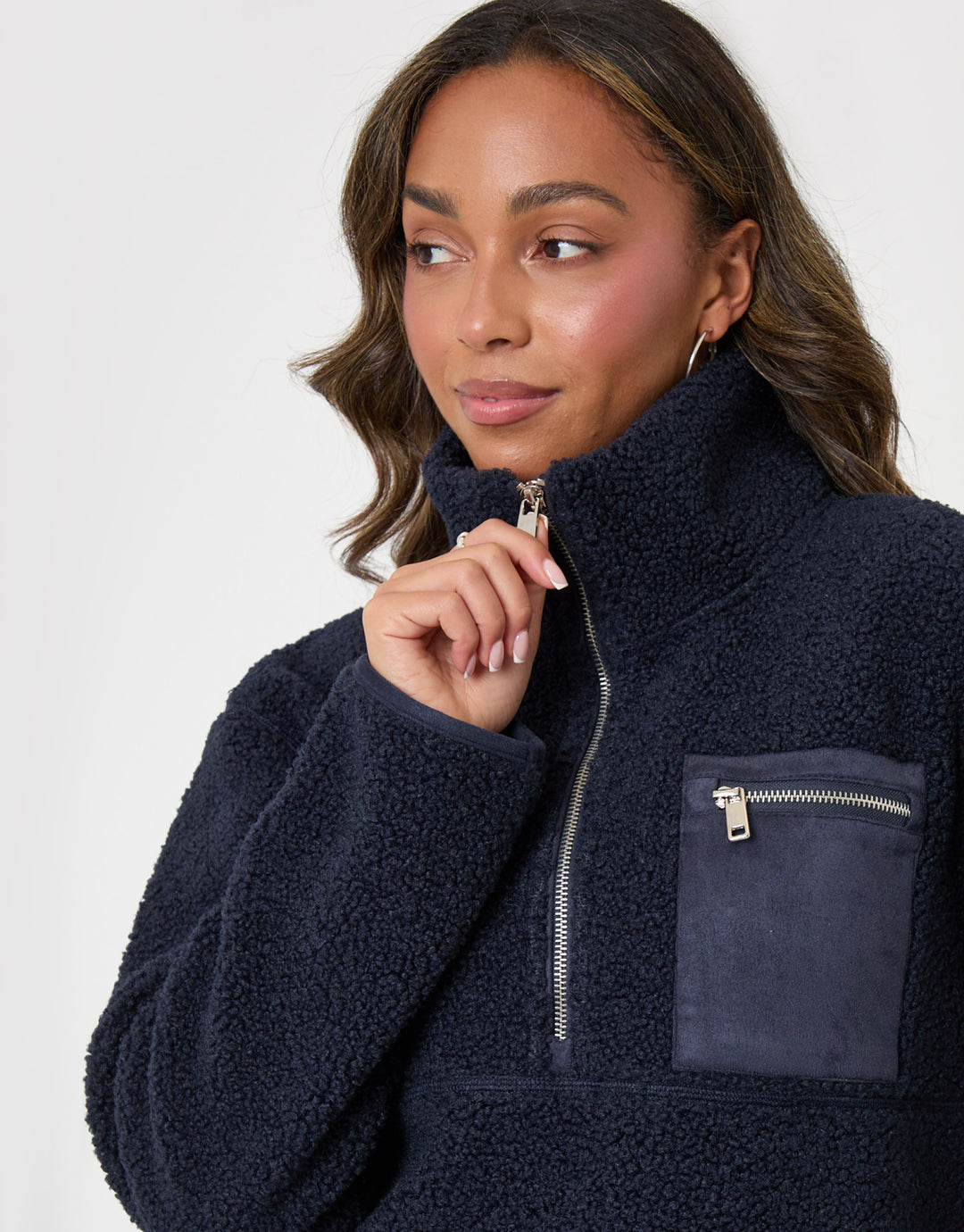Threadbare Half Zip Borg Fleece in Navy - close up