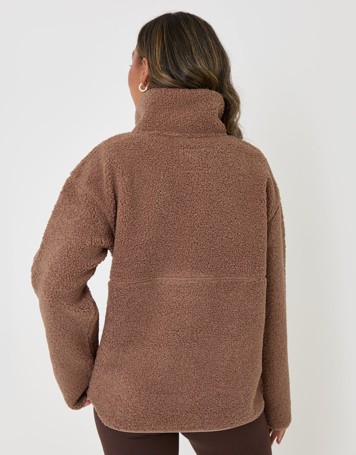 Threadbare Half Zip Borg Fleece in Mink Brown - back view